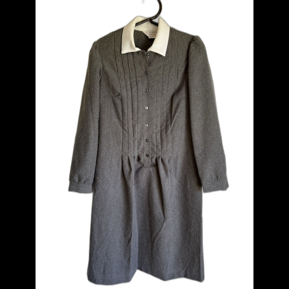 Vintage 70s JCPenney Dress Womens 12 Gray White Collar Pintuck Mod Secretary